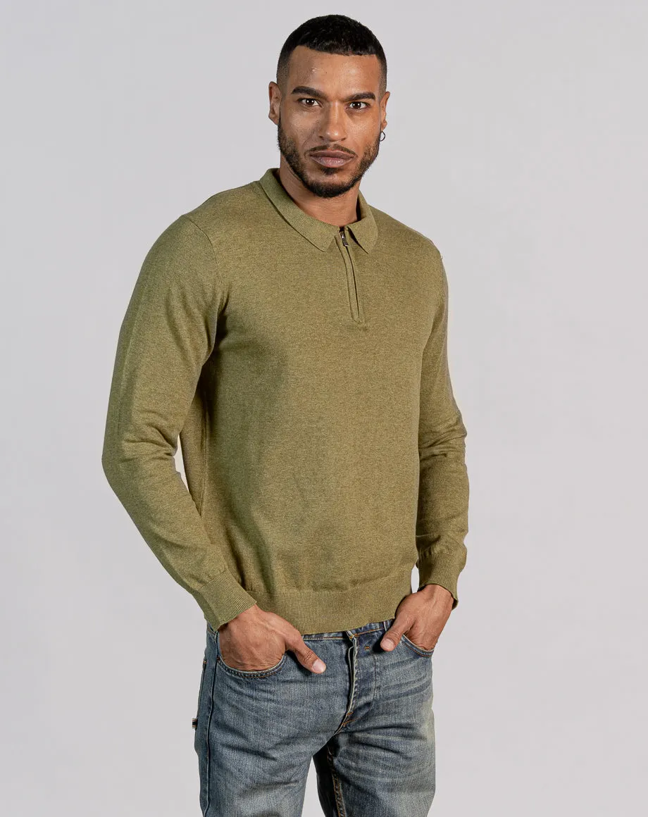 ESSENTIAL LONG SLEEVE ZIPPED POLO TOP - LIGHT KHAKI MARL