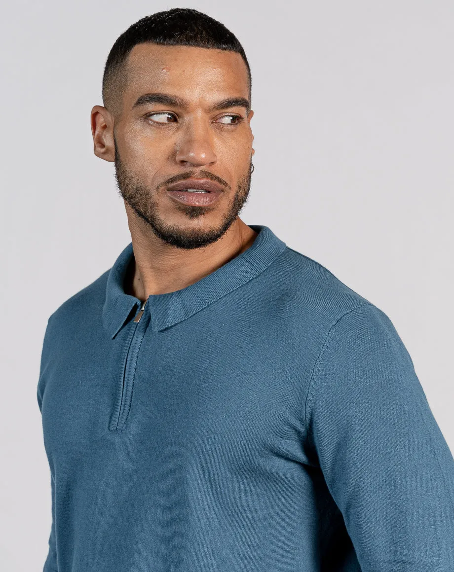 ESSENTIAL LONG SLEEVE ZIPPED POLO TOP - MID BLUE