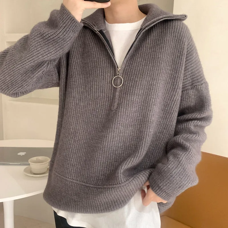 Fashionkova  Pit Stripes Cashmere Sweaters Women Loose Casual Knited Pullovers Ladies 2022 Winter Zipper Turn-Down Collar Thick Jumper