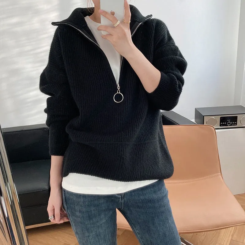 Fashionkova  Pit Stripes Cashmere Sweaters Women Loose Casual Knited Pullovers Ladies 2022 Winter Zipper Turn-Down Collar Thick Jumper