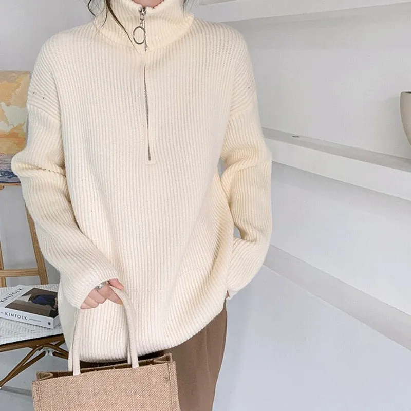 Fashionkova  Pit Stripes Cashmere Sweaters Women Loose Casual Knited Pullovers Ladies 2022 Winter Zipper Turn-Down Collar Thick Jumper