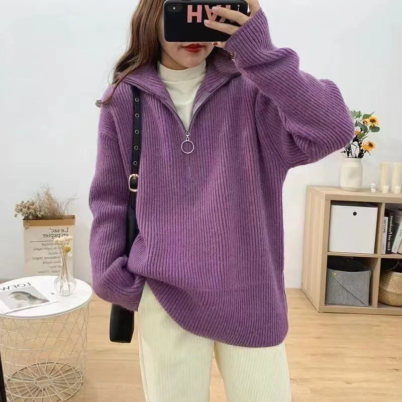 Fashionkova  Pit Stripes Cashmere Sweaters Women Loose Casual Knited Pullovers Ladies 2022 Winter Zipper Turn-Down Collar Thick Jumper