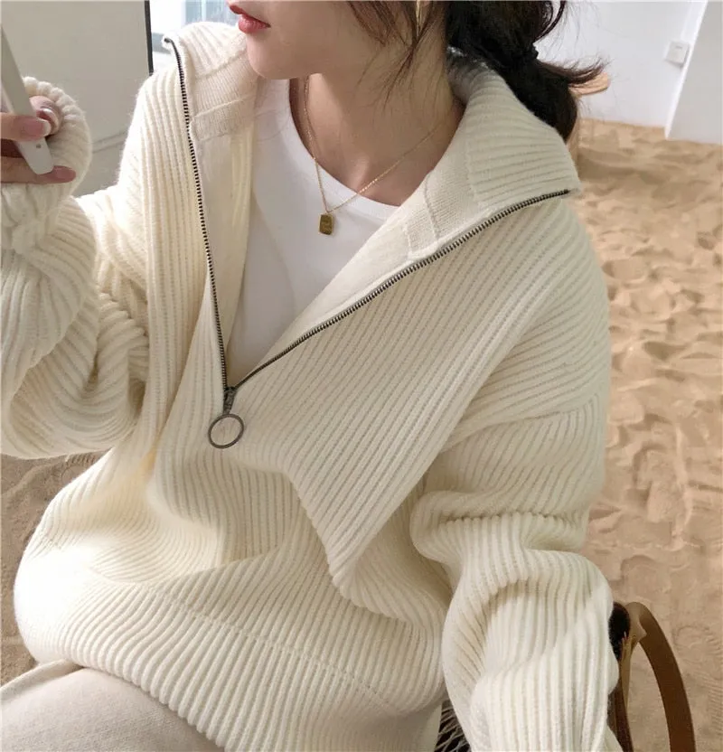 Fashionkova  Pit Stripes Cashmere Sweaters Women Loose Casual Knited Pullovers Ladies 2022 Winter Zipper Turn-Down Collar Thick Jumper