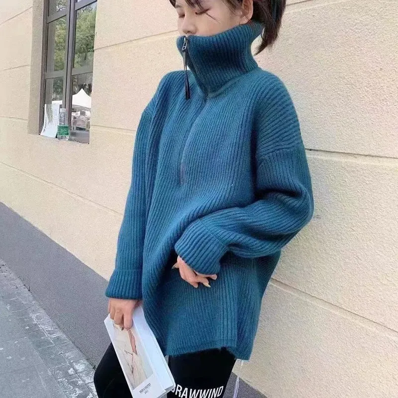 Fashionkova  Pit Stripes Cashmere Sweaters Women Loose Casual Knited Pullovers Ladies 2022 Winter Zipper Turn-Down Collar Thick Jumper