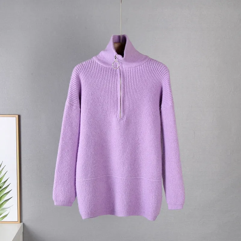 Fashionkova  Pit Stripes Cashmere Sweaters Women Loose Casual Knited Pullovers Ladies 2022 Winter Zipper Turn-Down Collar Thick Jumper