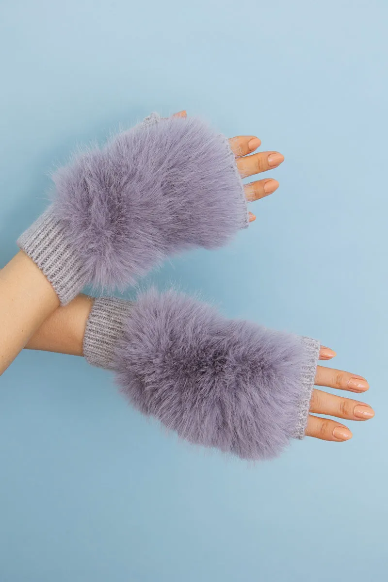 Faux Fur Trim Fingerless Knit Mittens