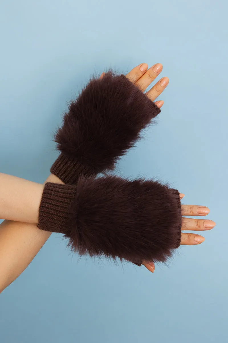 Faux Fur Trim Fingerless Knit Mittens