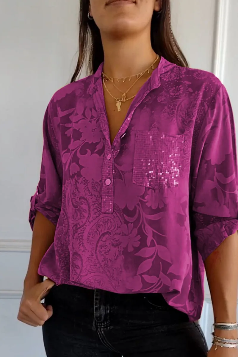 Floral Pocket Contrast Mandarin Collar Blouses(10 Colors)