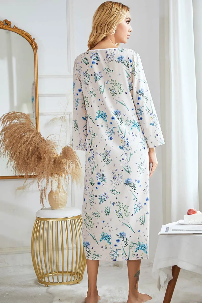 Floral Print Long Sleeve Nightgown