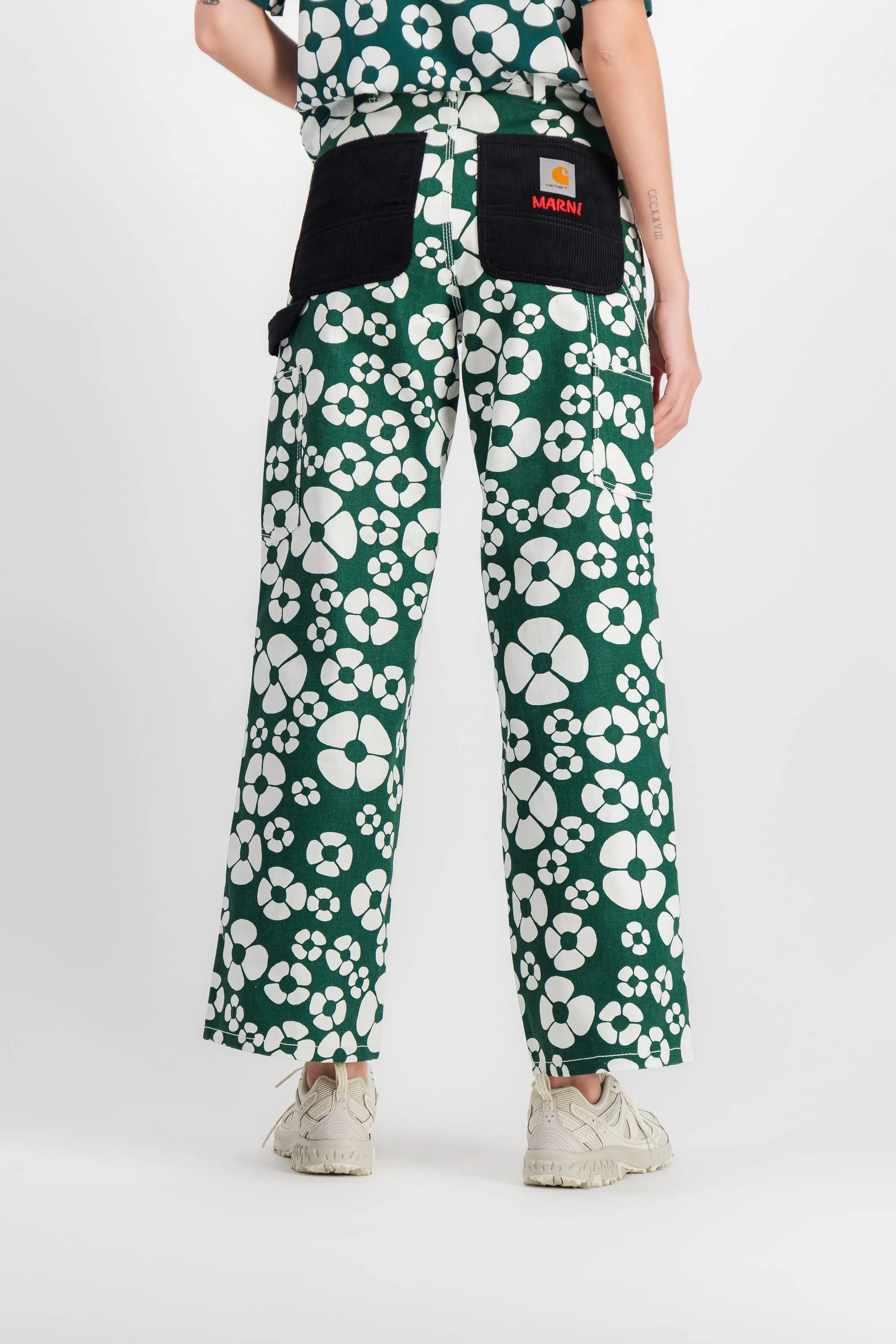 Flower printed green straight leg pants