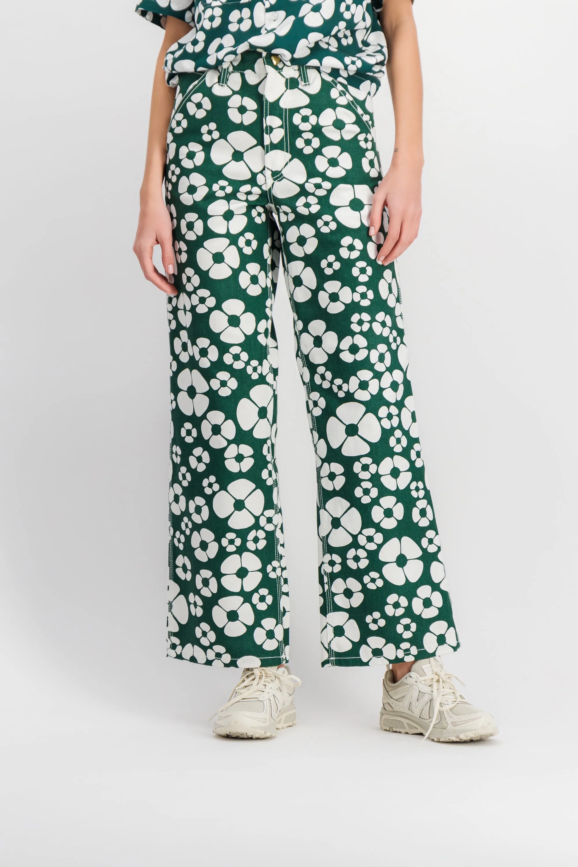 Flower printed green straight leg pants