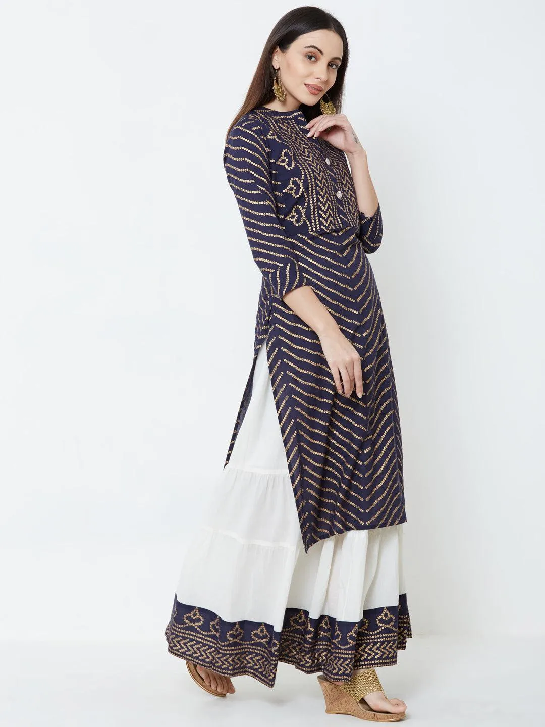 Foil Bandhani & Bead Embellished Kurta with Tiered Skirt – Navy Blue