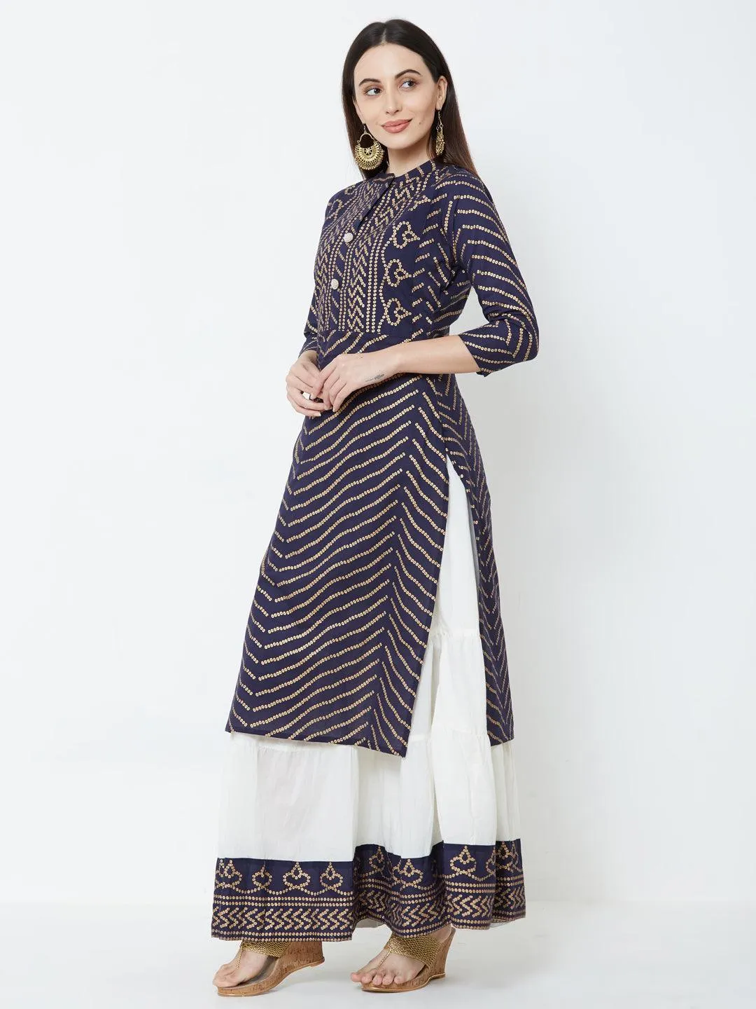 Foil Bandhani & Bead Embellished Kurta with Tiered Skirt – Navy Blue