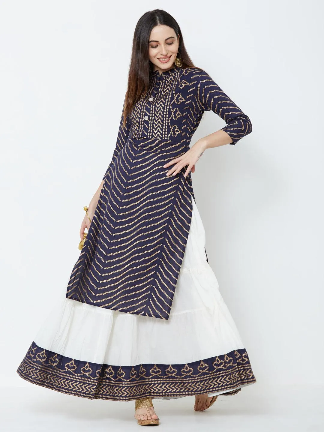 Foil Bandhani & Bead Embellished Kurta with Tiered Skirt – Navy Blue