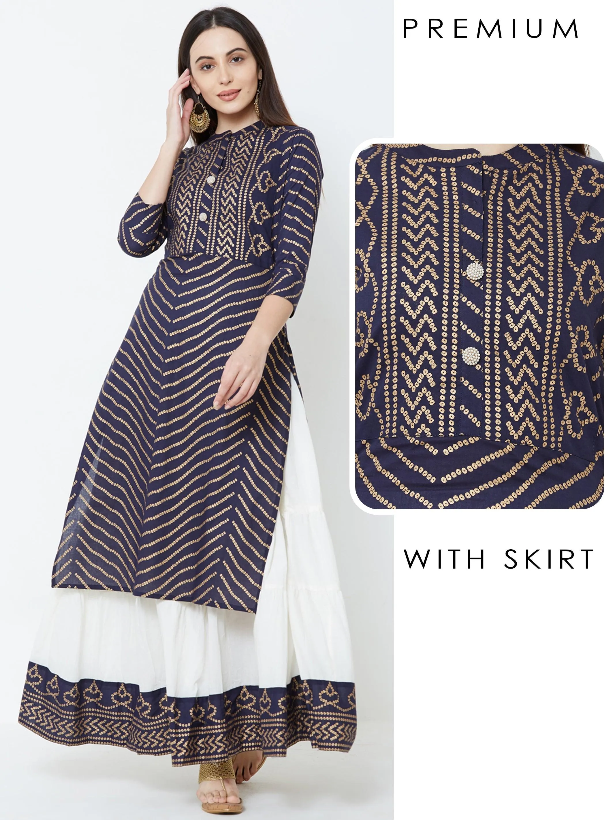 Foil Bandhani & Bead Embellished Kurta with Tiered Skirt – Navy Blue