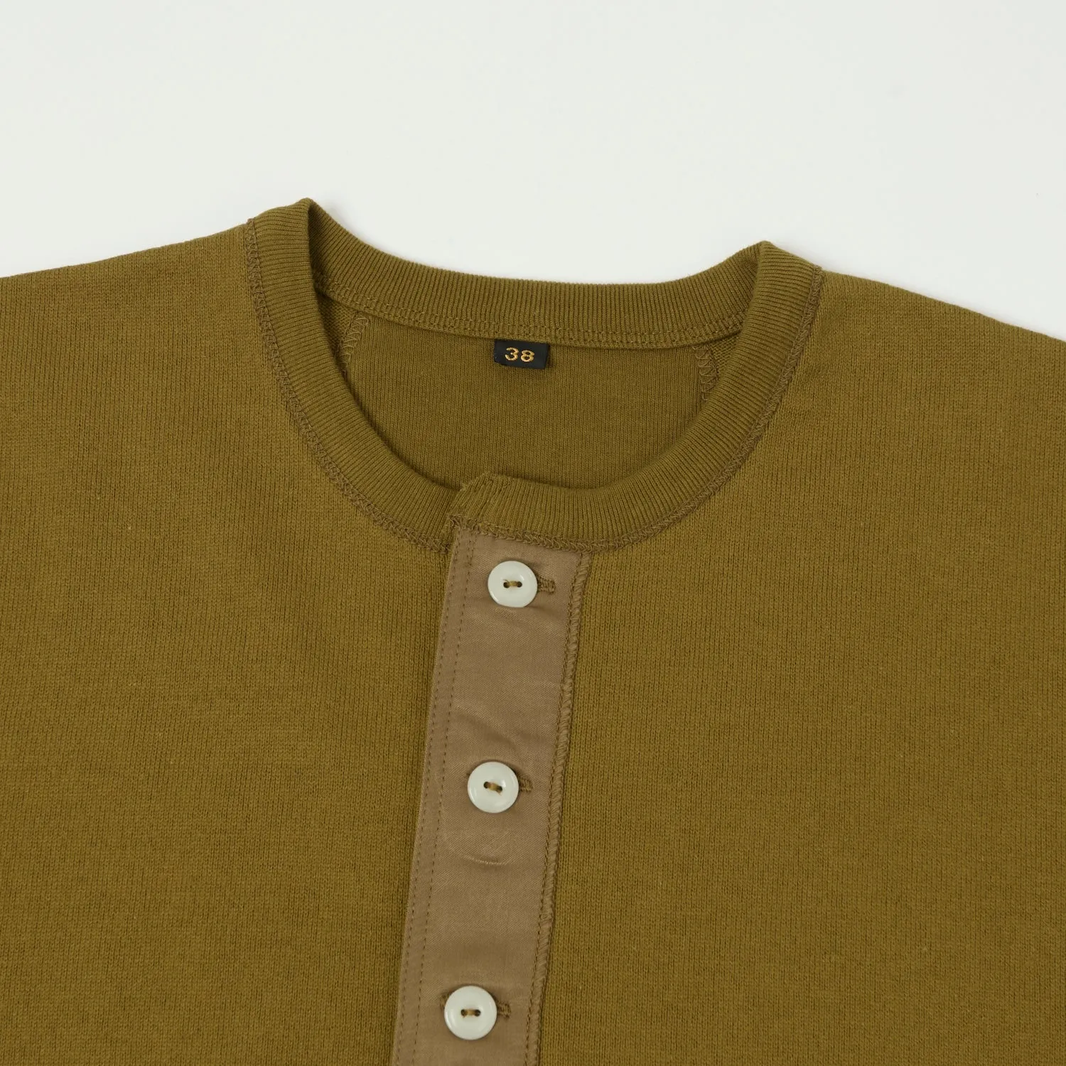 Freewheelers Henley Necked Long Sleeve Shirt - Olive Drab