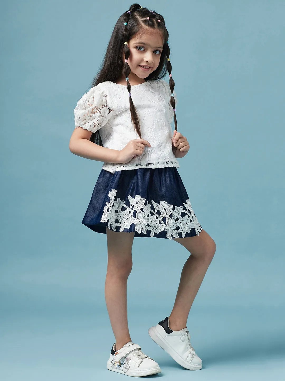 Girls Self Design Round Neck Top With Skirt - Ps Peaches