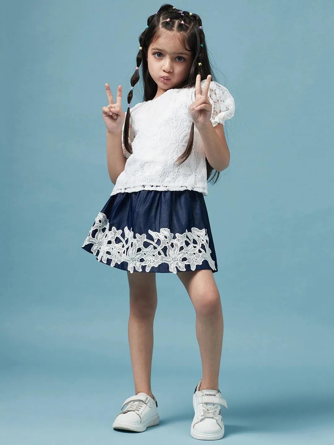 Girls Self Design Round Neck Top With Skirt - Ps Peaches