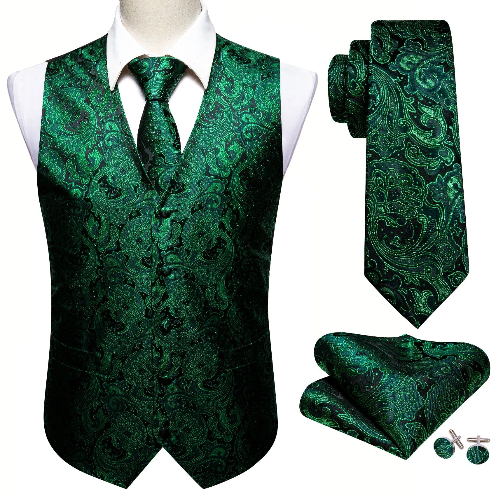 Green Paisley Jacquard Silk Men's Vest Hanky Cufflinks Tie Set