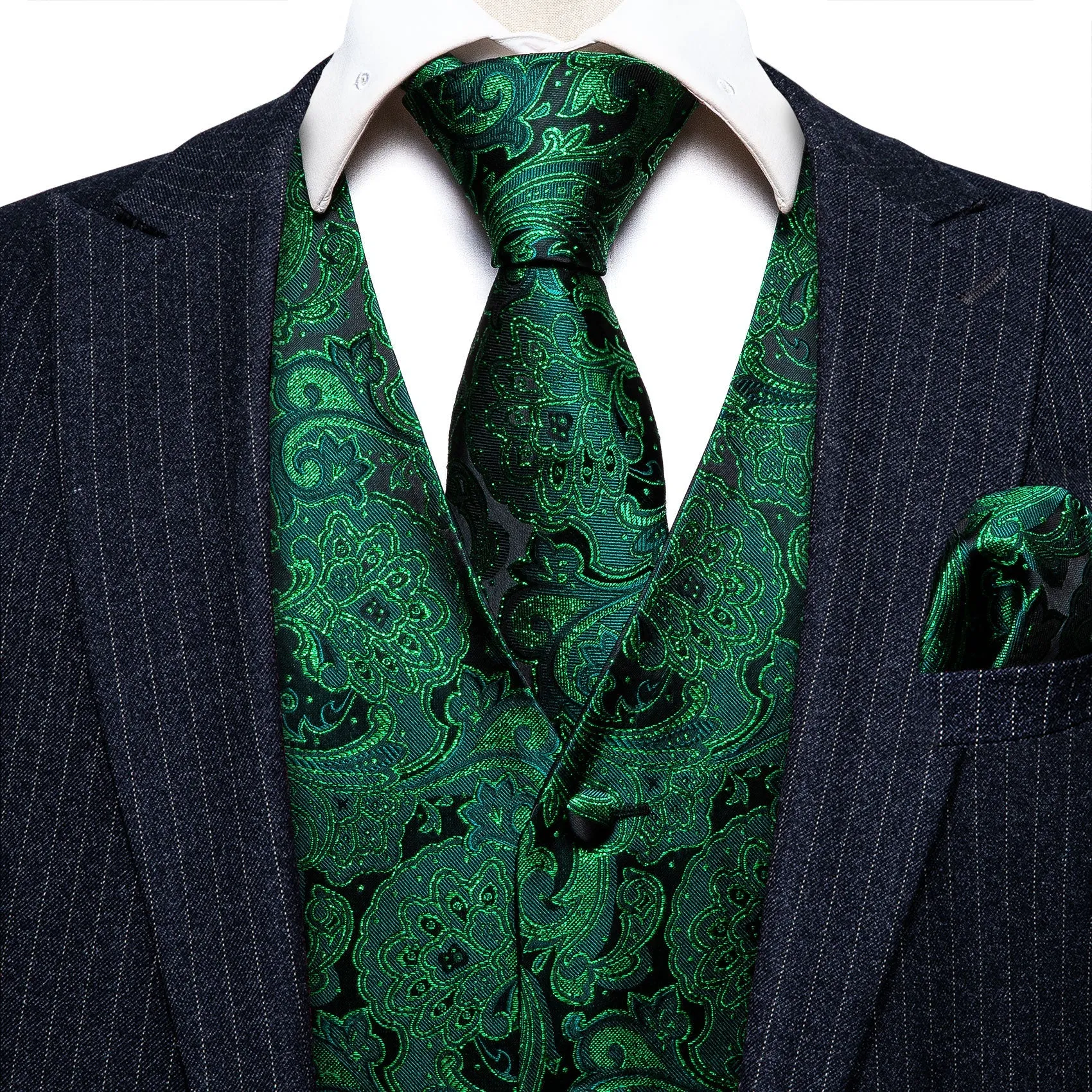 Green Paisley Jacquard Silk Men's Vest Hanky Cufflinks Tie Set