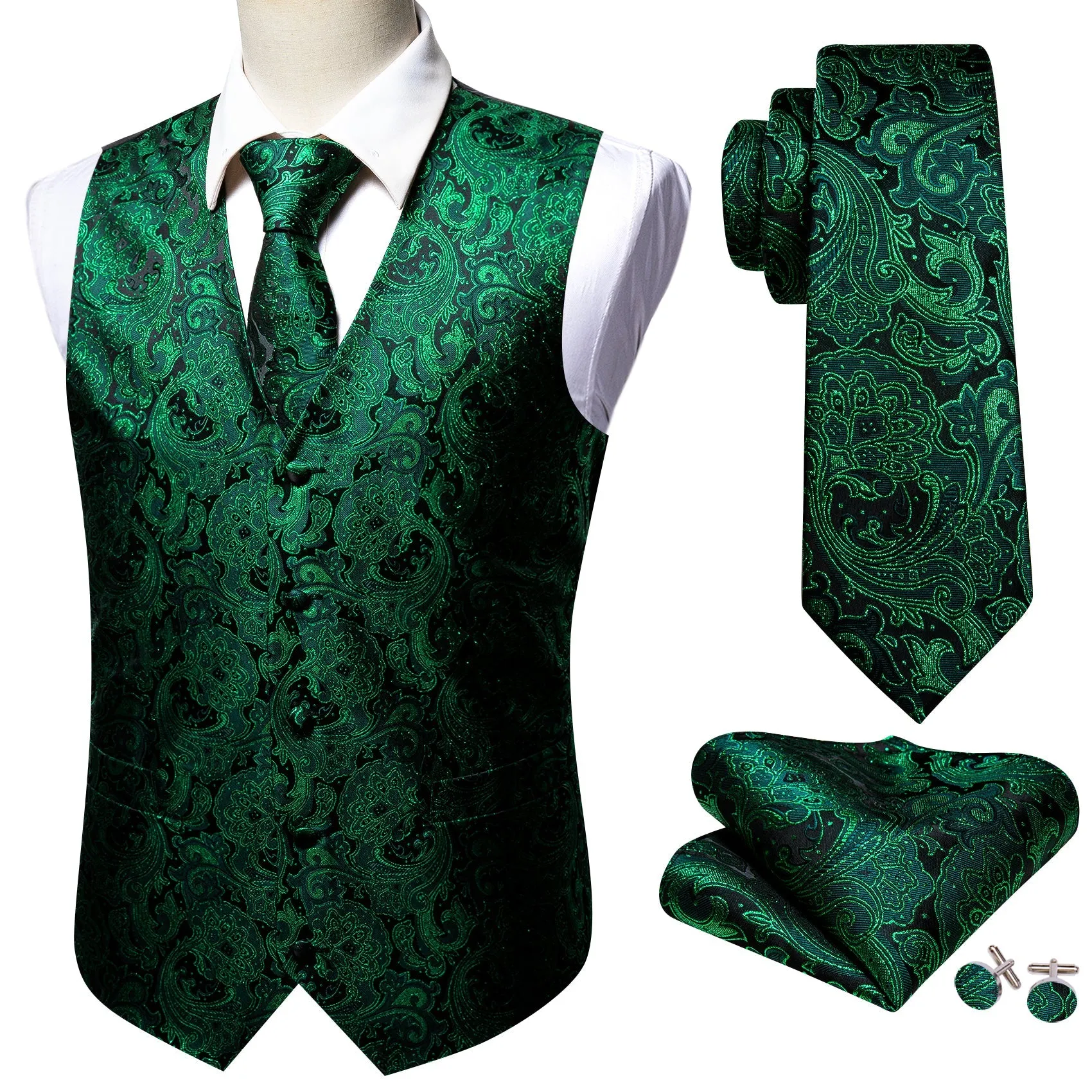 Green Paisley Jacquard Silk Men's Vest Hanky Cufflinks Tie Set