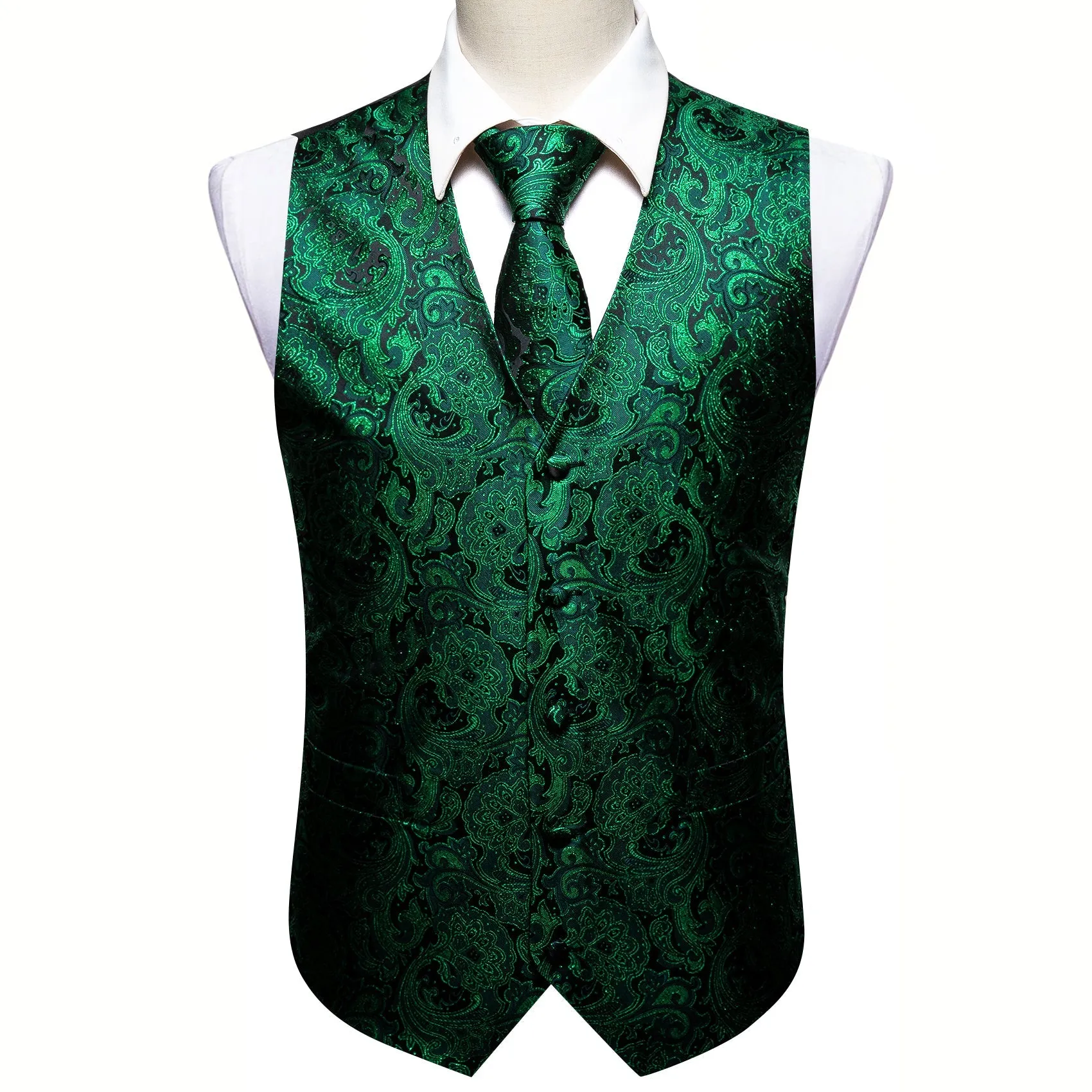 Green Paisley Jacquard Silk Men's Vest Hanky Cufflinks Tie Set