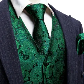 Green Paisley Jacquard Silk Men's Vest Hanky Cufflinks Tie Set