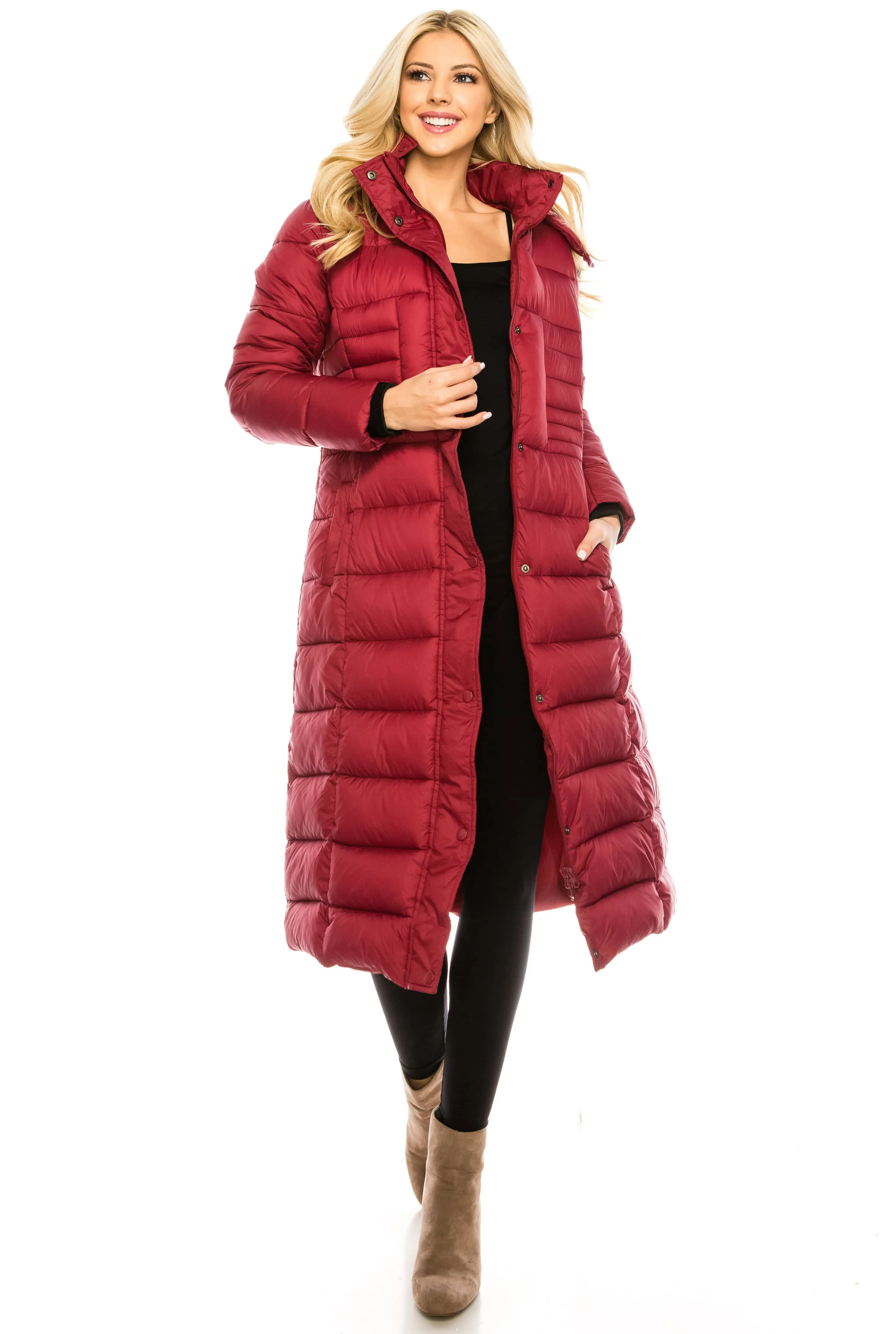 Haute Edition Women's Maxi Length Quilted Puffer with Fur Lined Hood