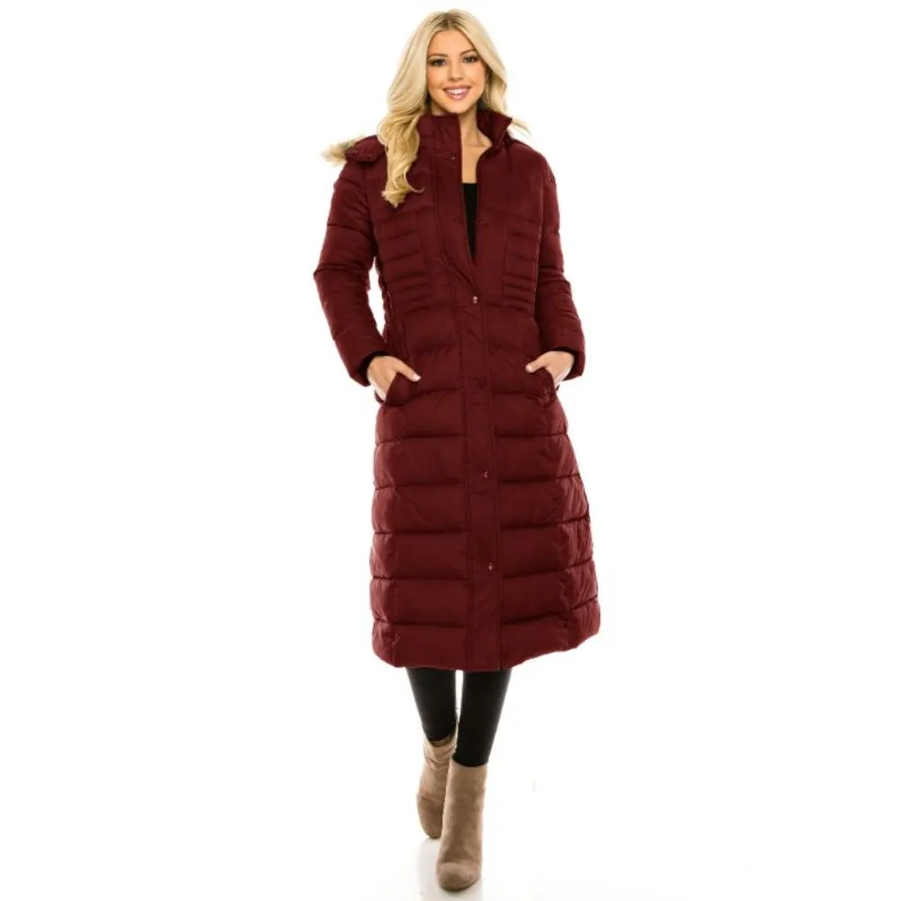 Haute Edition Women's Maxi Length Quilted Puffer with Fur Lined Hood