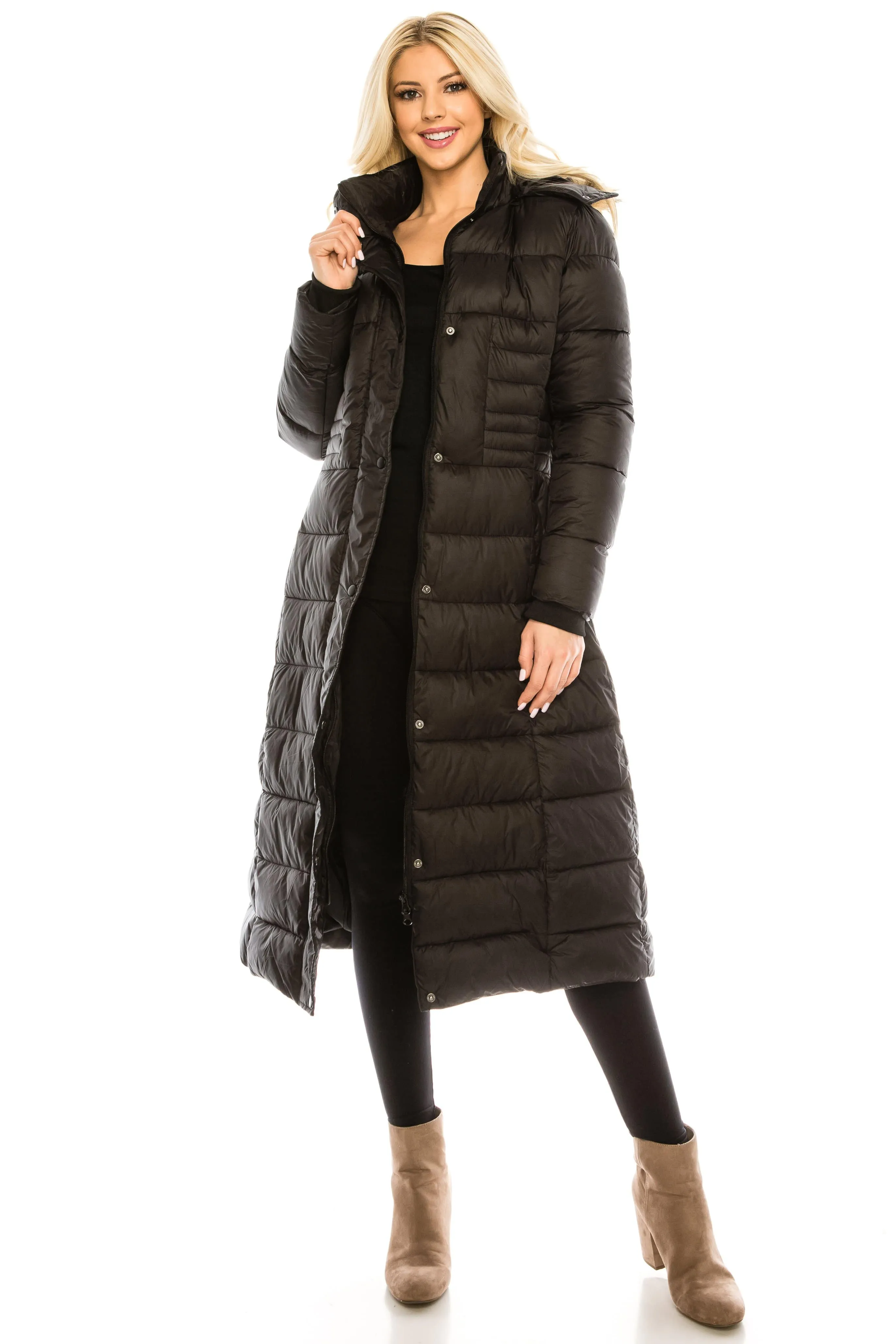 Haute Edition Women's Maxi Length Quilted Puffer with Fur Lined Hood