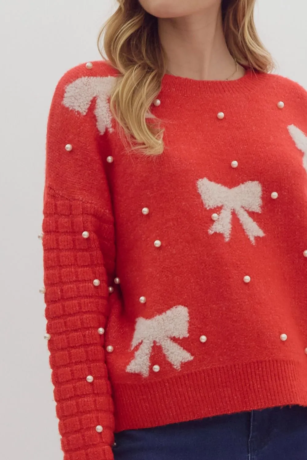 Isla Pearl and Bow Sweater - Red