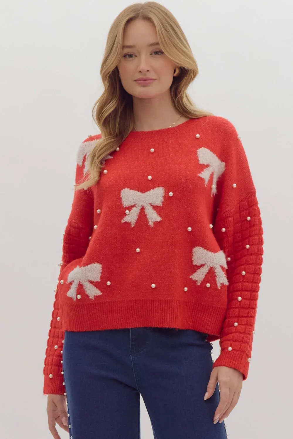 Isla Pearl and Bow Sweater - Red