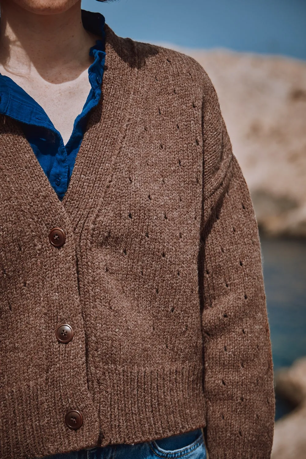 KATRINA Open Weave Cardigan in Merino Wool - Chocolate