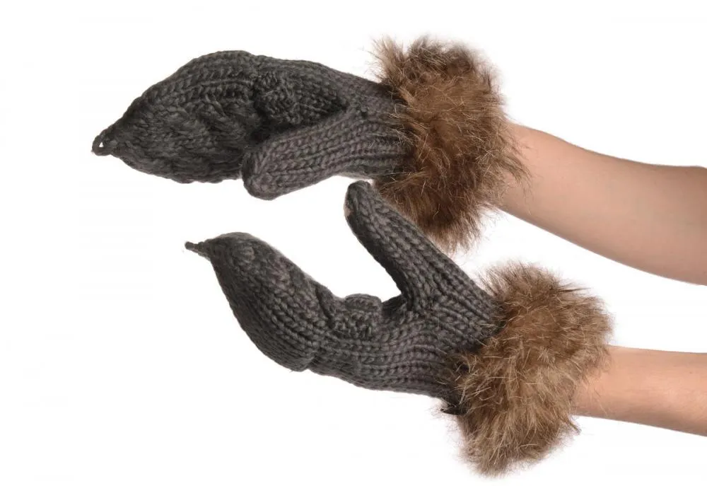 Knitted Slate Grey Fingerless Flip Gloves With Faux Fur