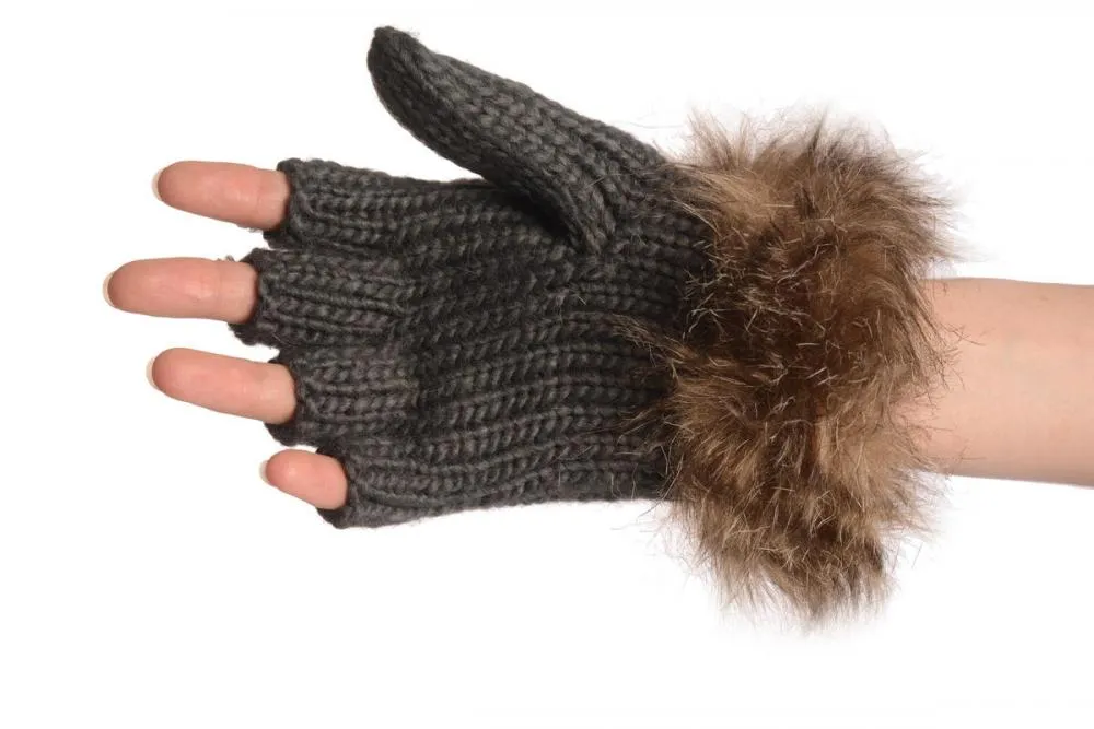 Knitted Slate Grey Fingerless Flip Gloves With Faux Fur