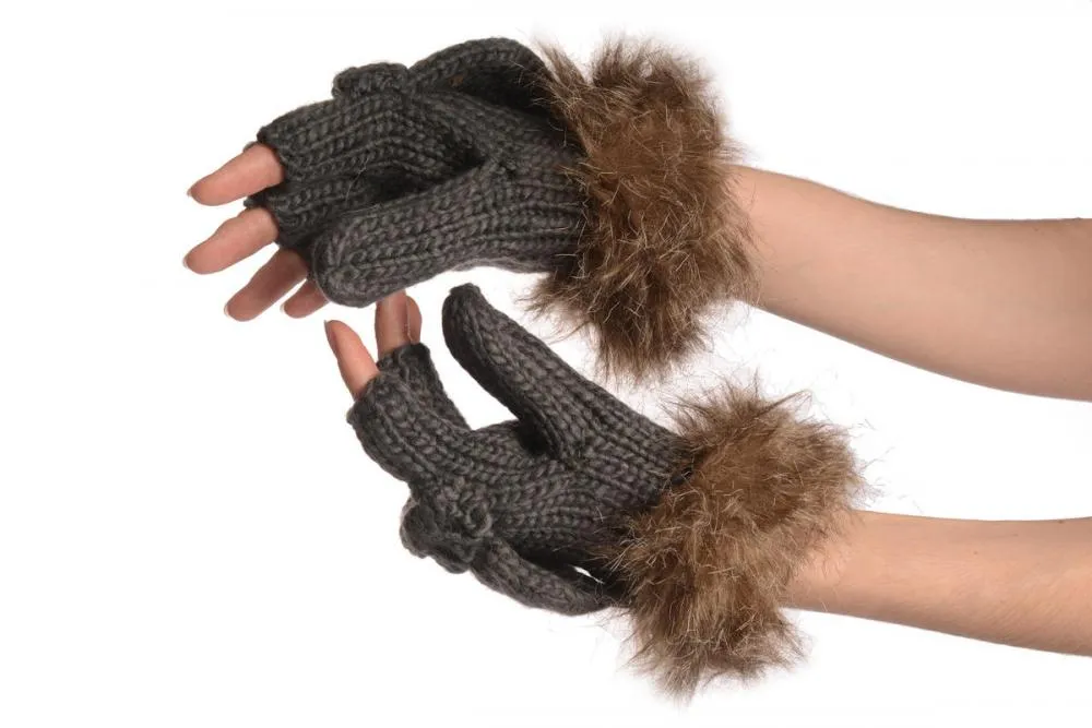 Knitted Slate Grey Fingerless Flip Gloves With Faux Fur