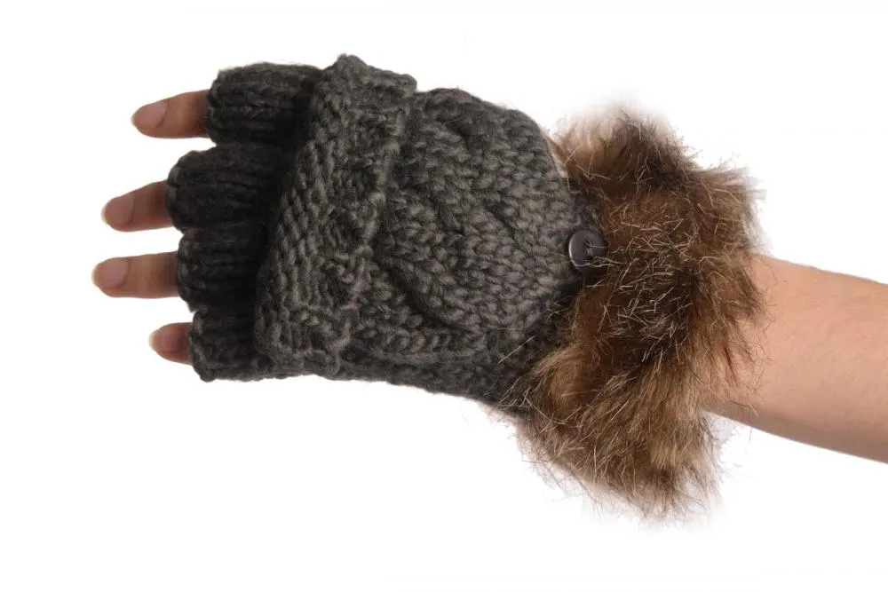 Knitted Slate Grey Fingerless Flip Gloves With Faux Fur