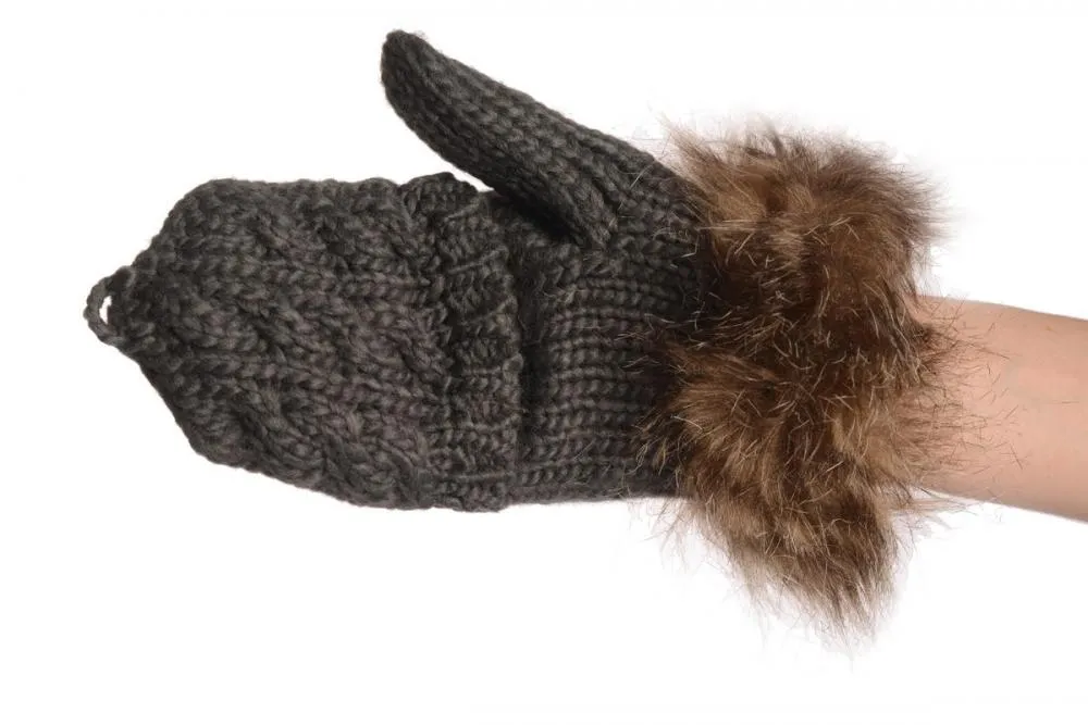 Knitted Slate Grey Fingerless Flip Gloves With Faux Fur