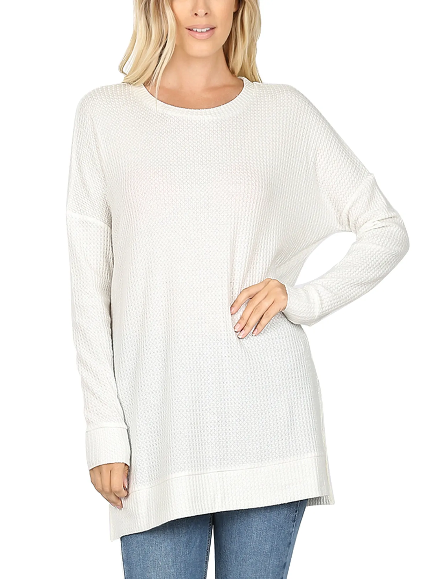 KOGMO Women's Loose Fit Brushed Thermal Waffle Round Neck Sweater