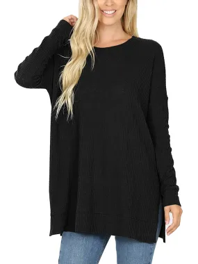 KOGMO Women's Loose Fit Brushed Thermal Waffle Round Neck Sweater