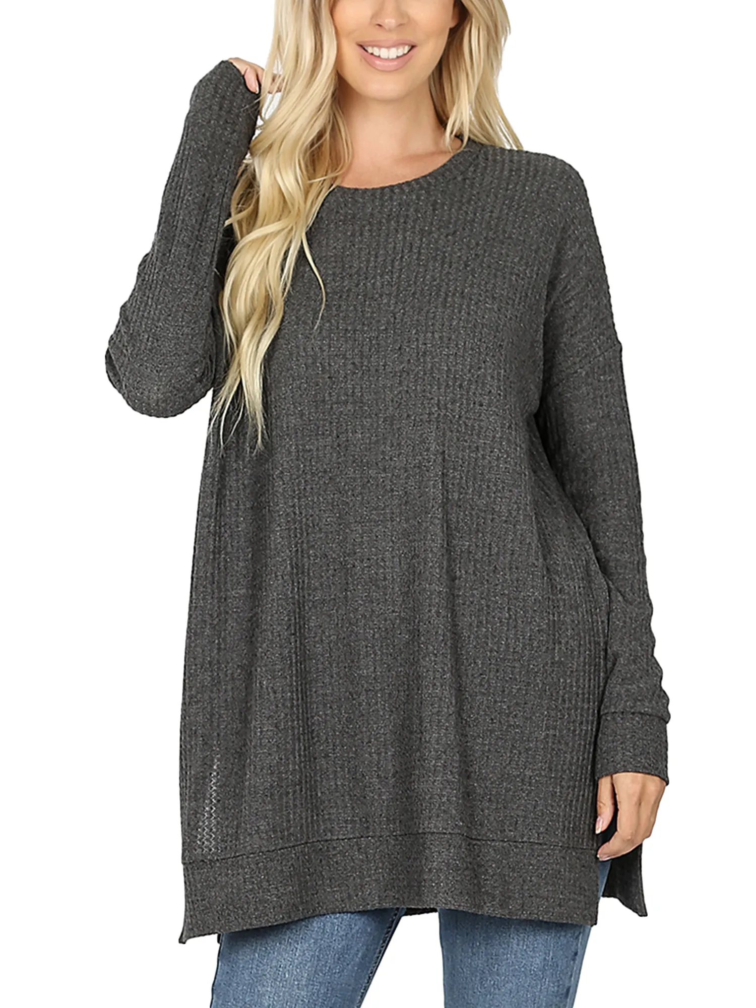 KOGMO Women's Loose Fit Brushed Thermal Waffle Round Neck Sweater