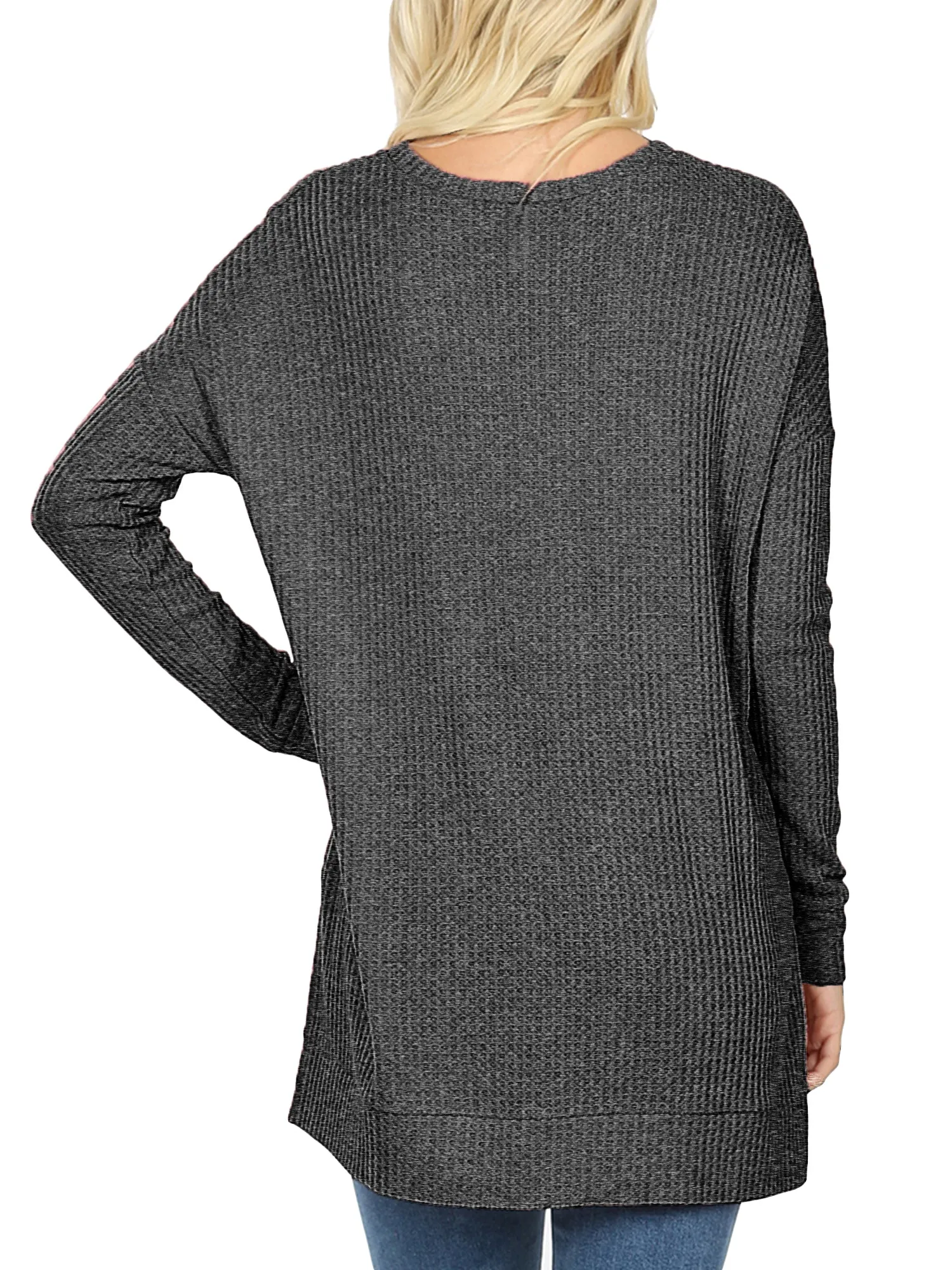 KOGMO Women's Loose Fit Brushed Thermal Waffle Round Neck Sweater