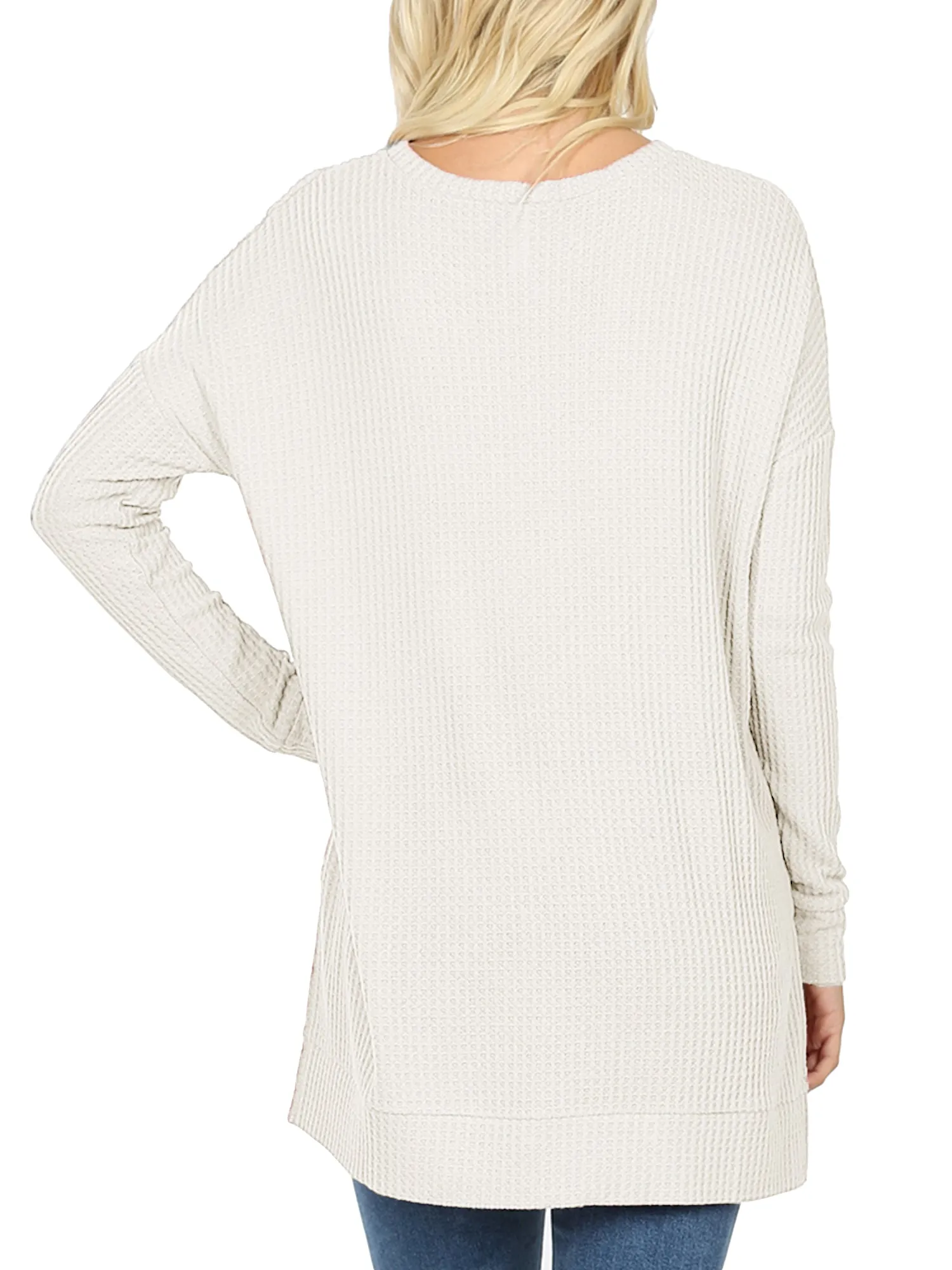 KOGMO Women's Loose Fit Brushed Thermal Waffle Round Neck Sweater