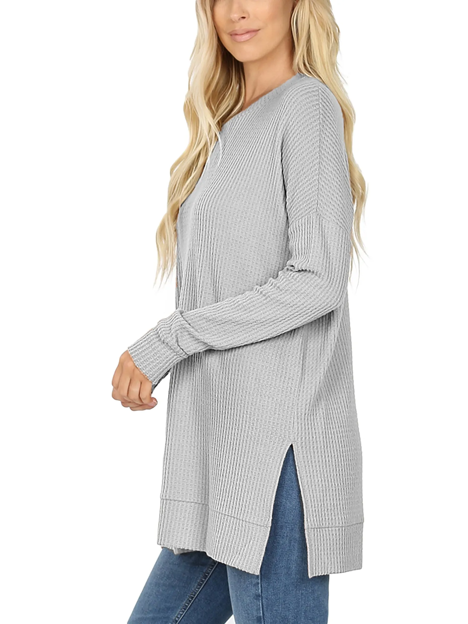 KOGMO Women's Loose Fit Brushed Thermal Waffle Round Neck Sweater