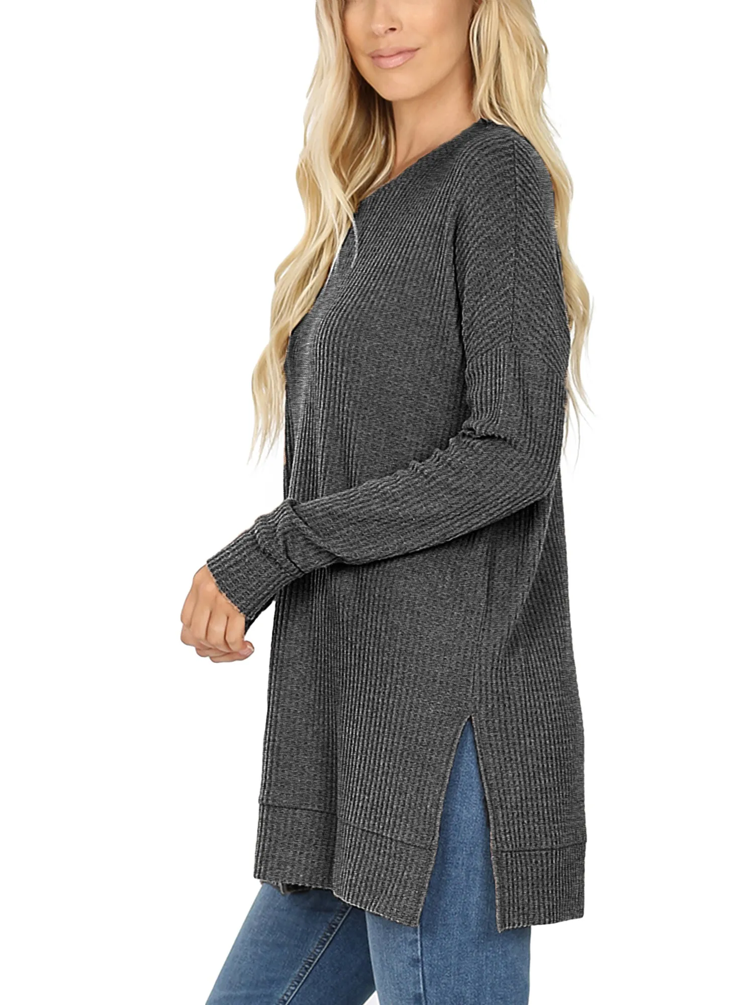 KOGMO Women's Loose Fit Brushed Thermal Waffle Round Neck Sweater