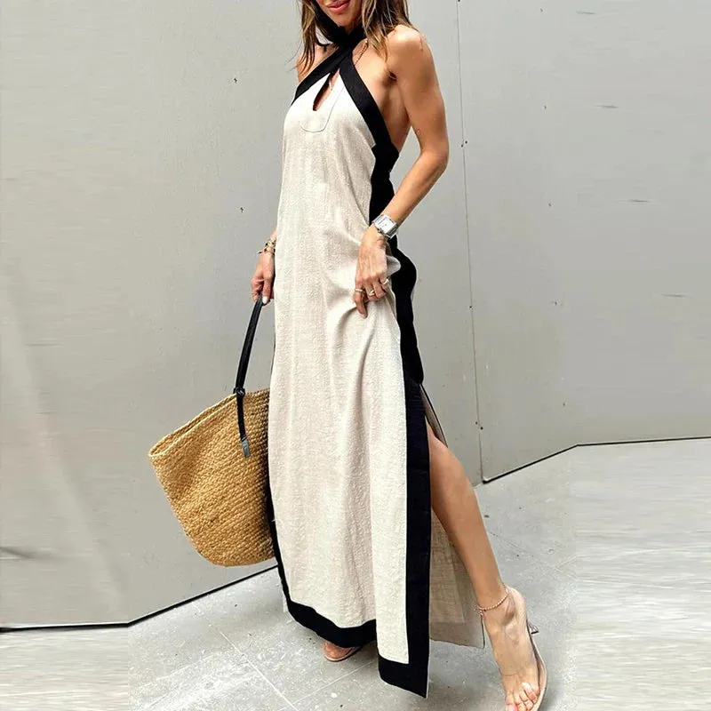 Lady Backless Party Dress Cotton Linen Maxi Cross Halter Sleeveless Elegant Elegant Dress