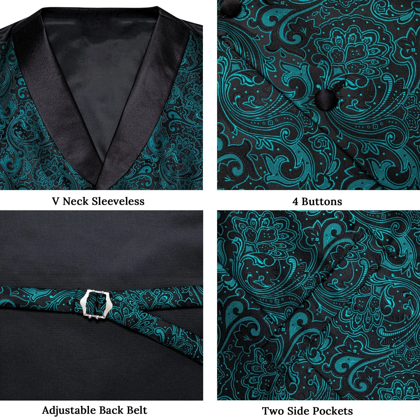 Lake Blue Paisley Black Collar Vest Tie Hanky Cufflinks Set