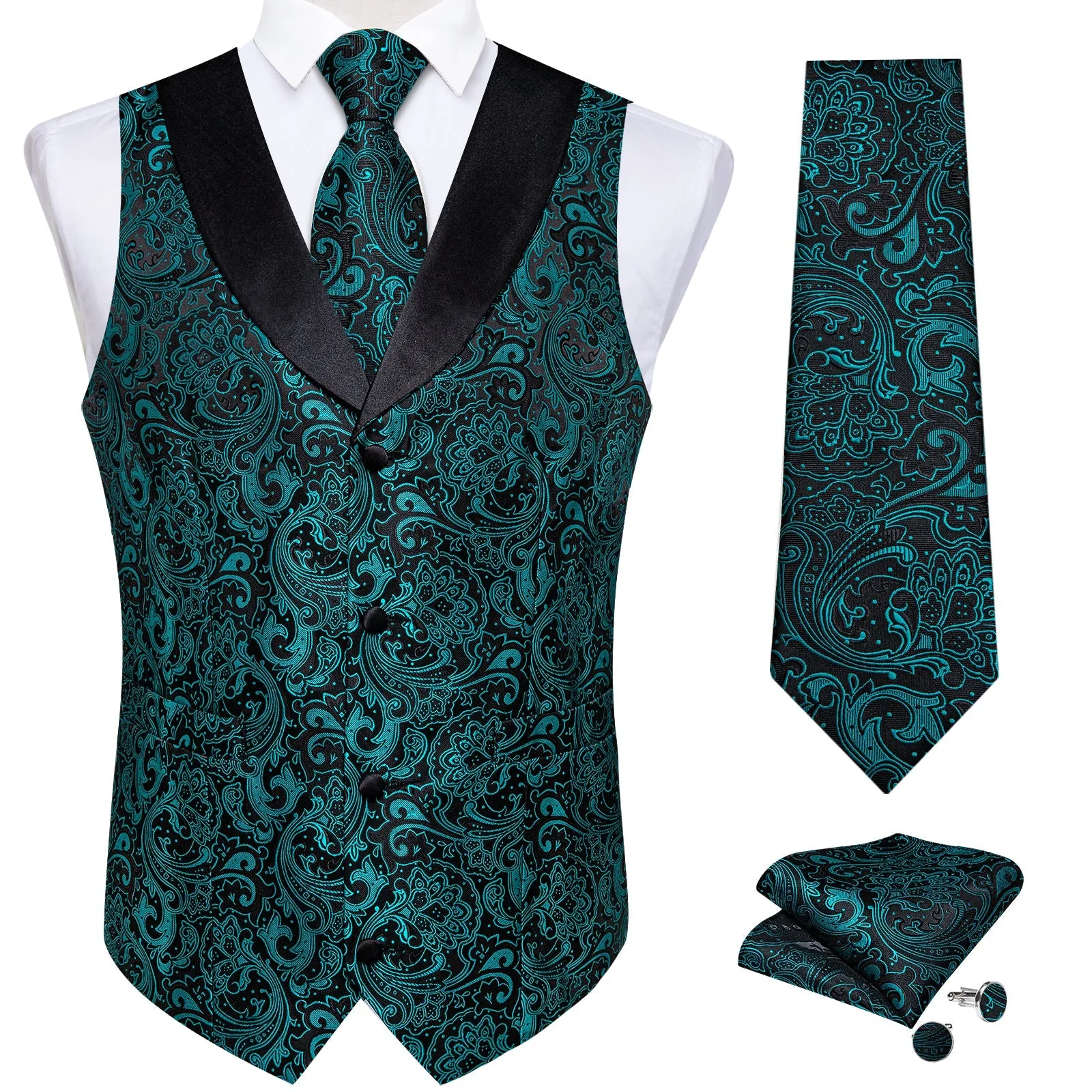 Lake Blue Paisley Black Collar Vest Tie Hanky Cufflinks Set