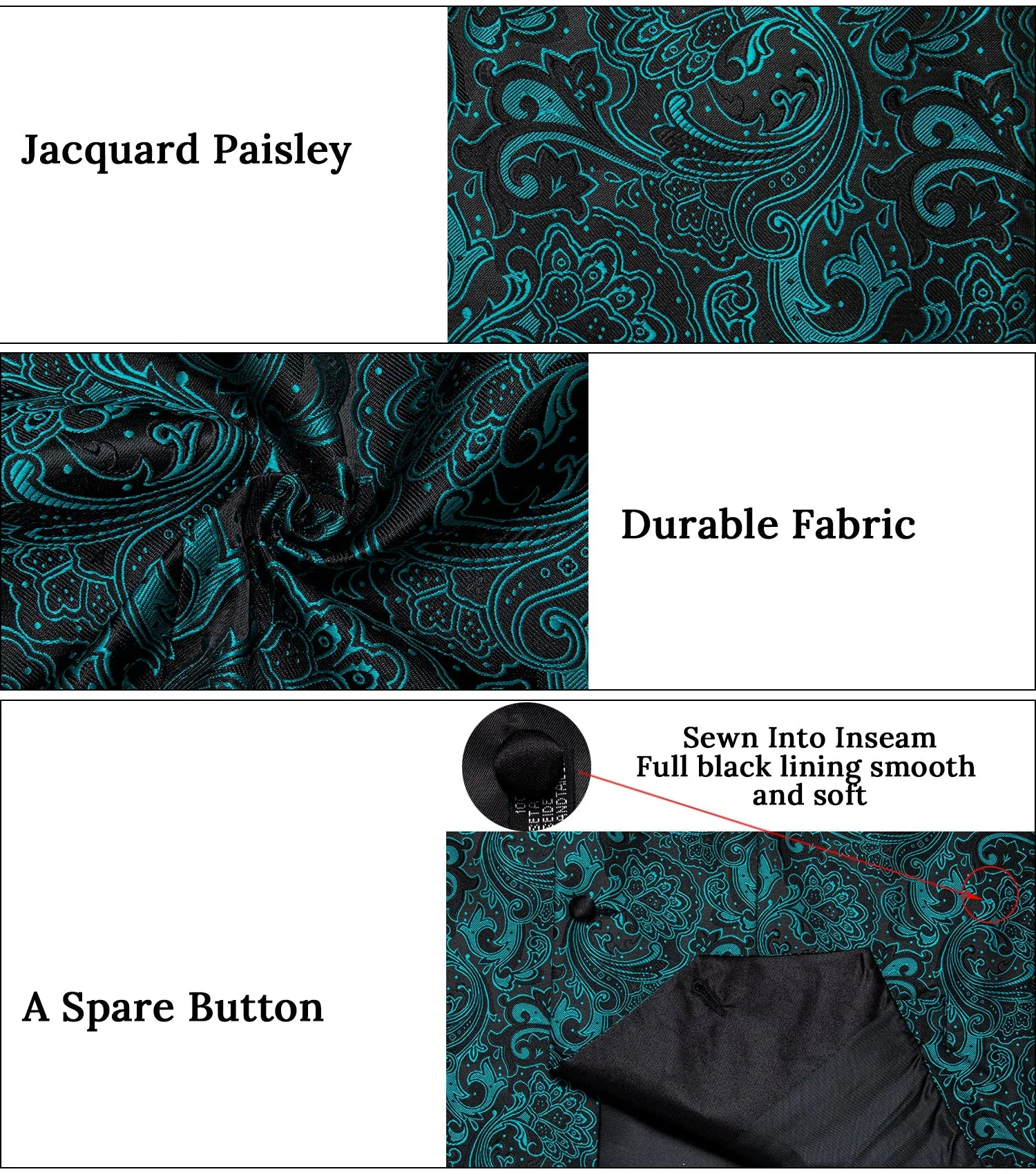 Lake Blue Paisley Black Collar Vest Tie Hanky Cufflinks Set