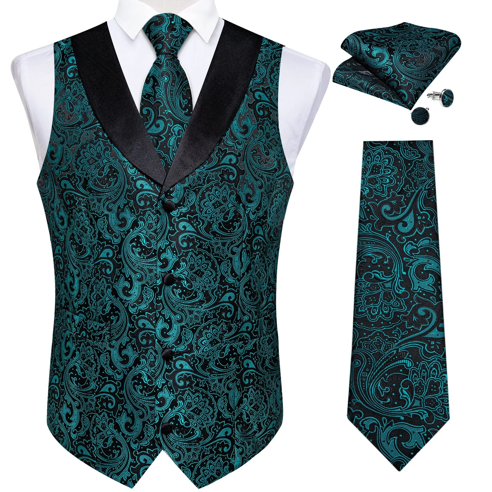 Lake Blue Paisley Black Collar Vest Tie Hanky Cufflinks Set